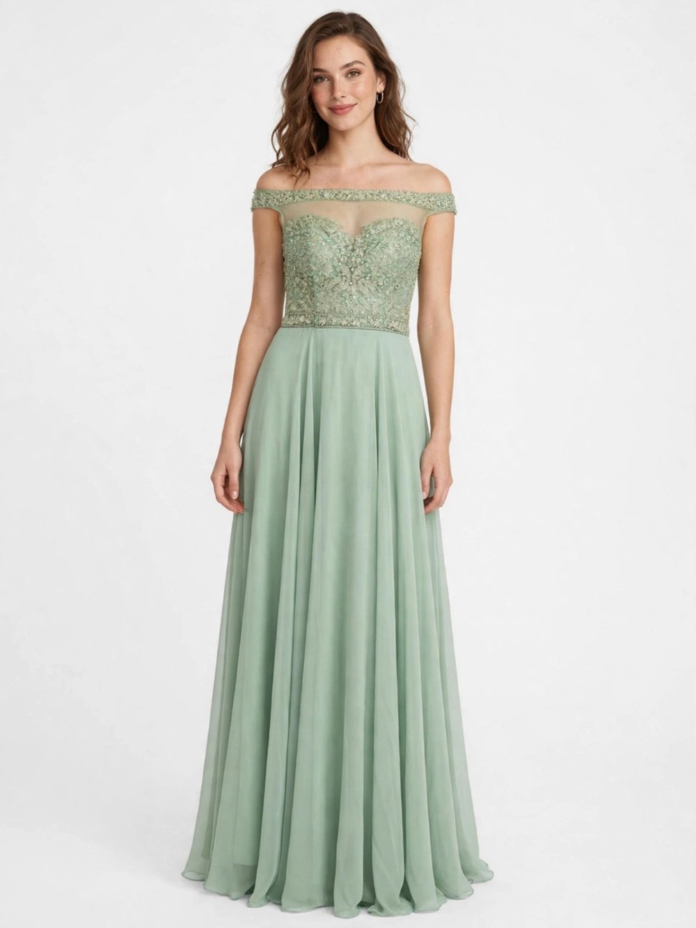 Off-Shoulder Beaded Bodice Chiffon Evening Dress in Sage Green